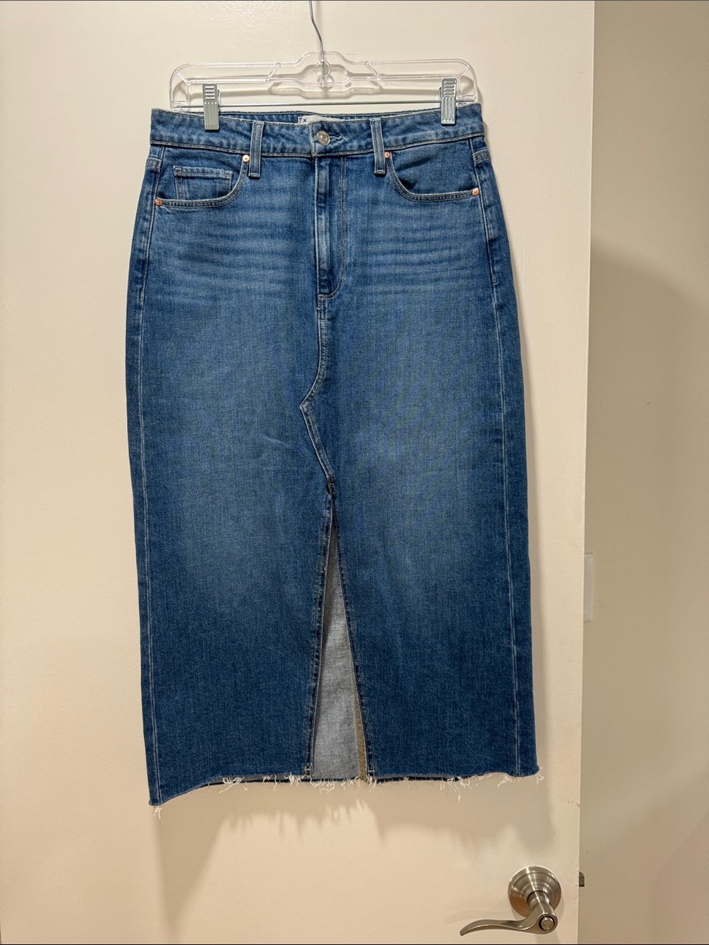 PAIGE Straight-Leg Denim Midi Skirt in Mid Blue
